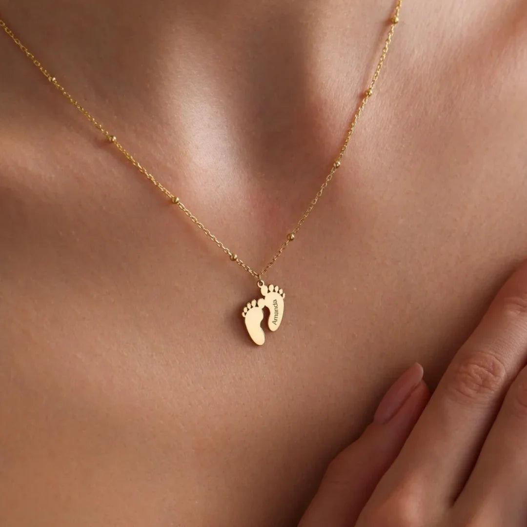 Custom Engraved Name Date Baby Feet Necklace,Kids Necklace,Women Necklace