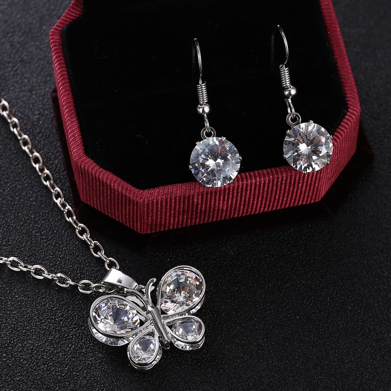 Silver white crystal stone romantic butterfly lady jewelry set