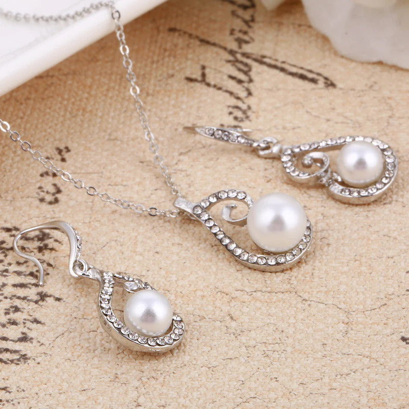 Silver white simulated pearl romantic design womens jewelry set