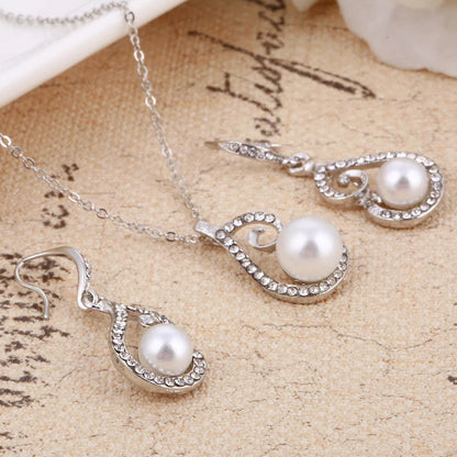 Silver white simulated pearl romantic design womens jewelry set