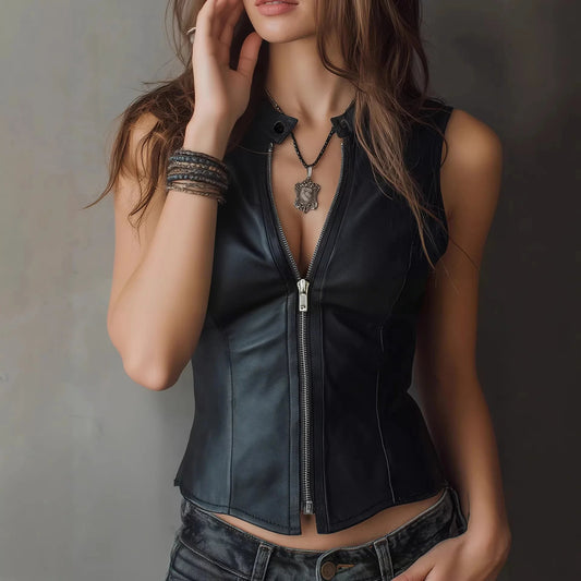 Black Leather Zip Tank Top