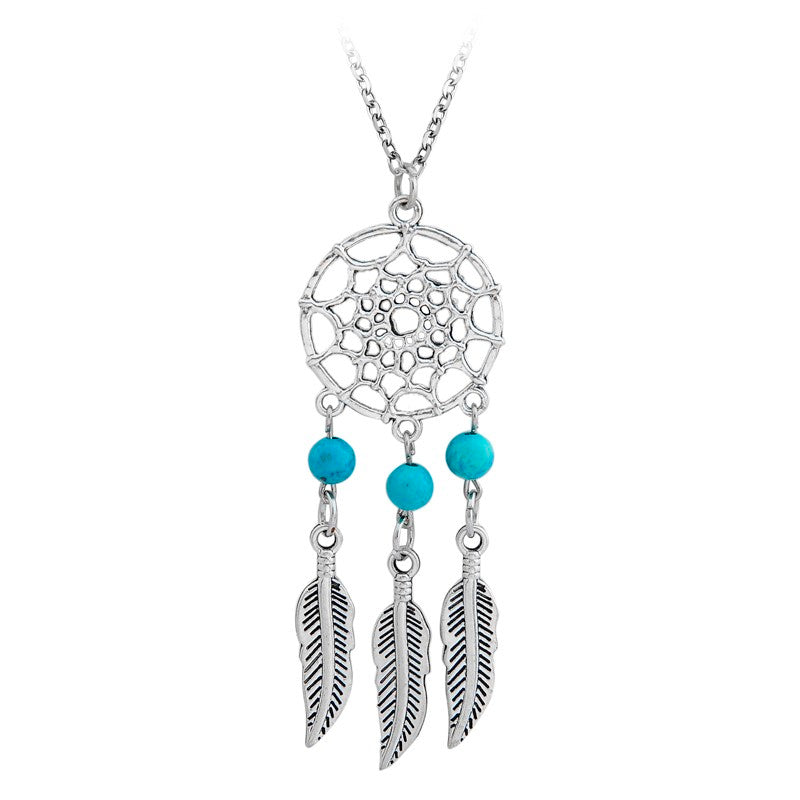 Boho Style Turquoise Beads and Feathers Silver Necklace