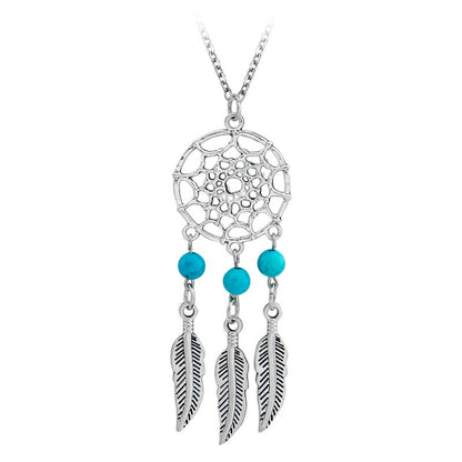 Boho Style Turquoise Beads and Feathers Silver Necklace