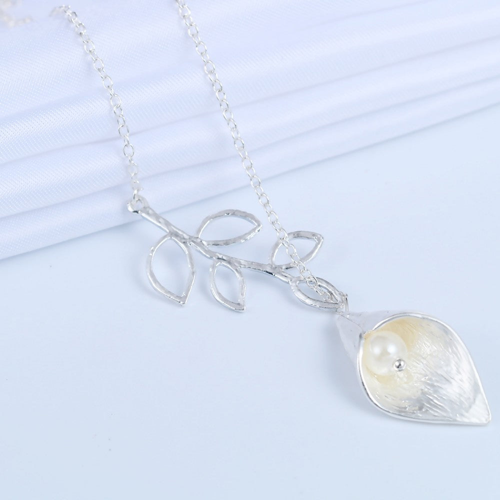 Calla Lily with Simulated Pearl Leaf Gold-Silver Necklace