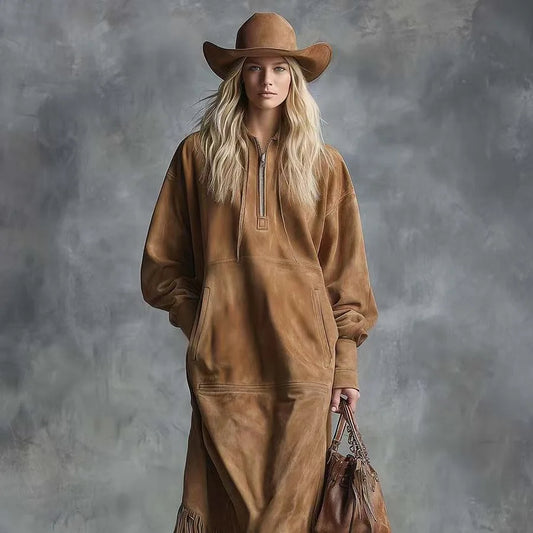 Suede Tassel Long Sleeved Dress - Denoss