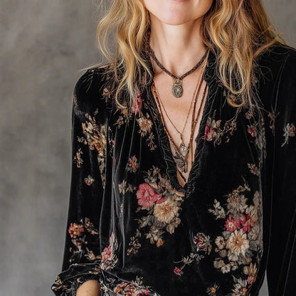 Velvet Printed Retro Pullover Top