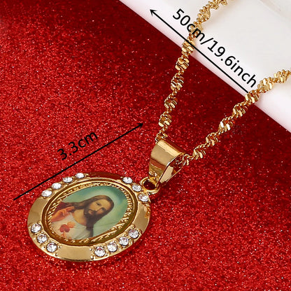 Gold Zircon Jesus Portrait Pendant Necklace,Christian Necklace