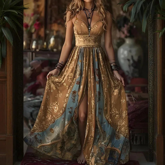 Gold Sexy Spaghetti Strap Long Dress