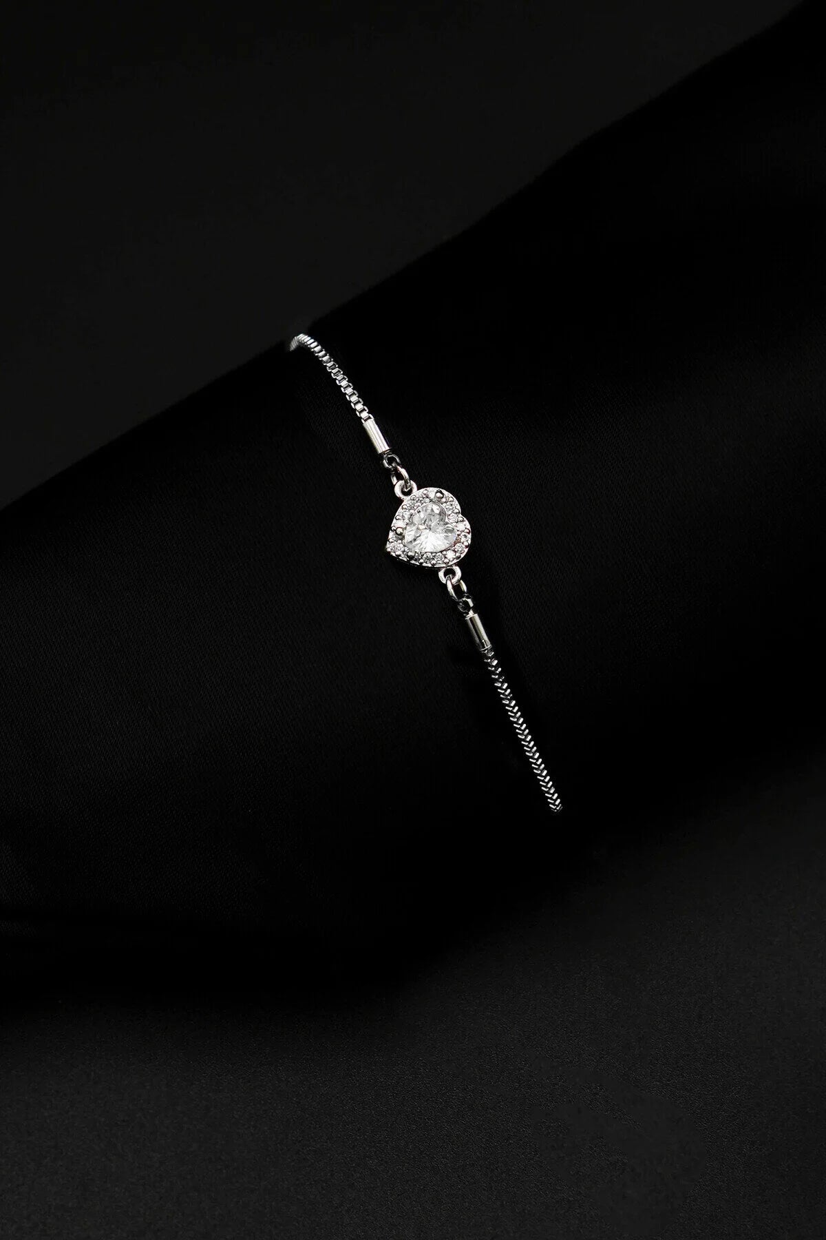 Zircon Stone Heart Silver Adjustable Bracelet