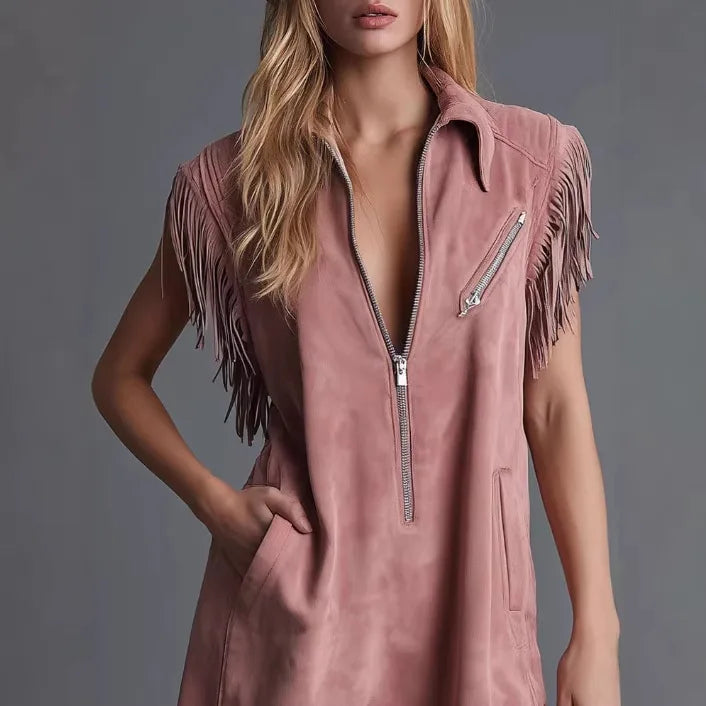 Pink Suede Retro Tassel Sleeveless Dress
