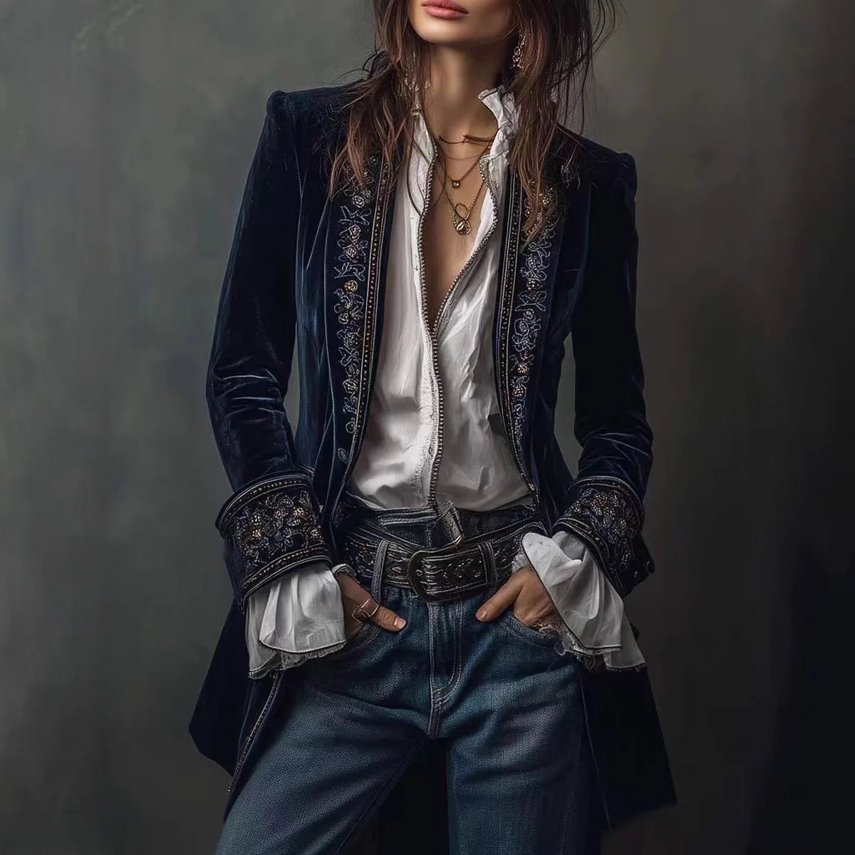 Navy Lace Velvet Women's Jacket For Spring Summer