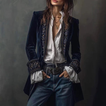 Navy Lace Velvet Women's Jacket For Spring Summer