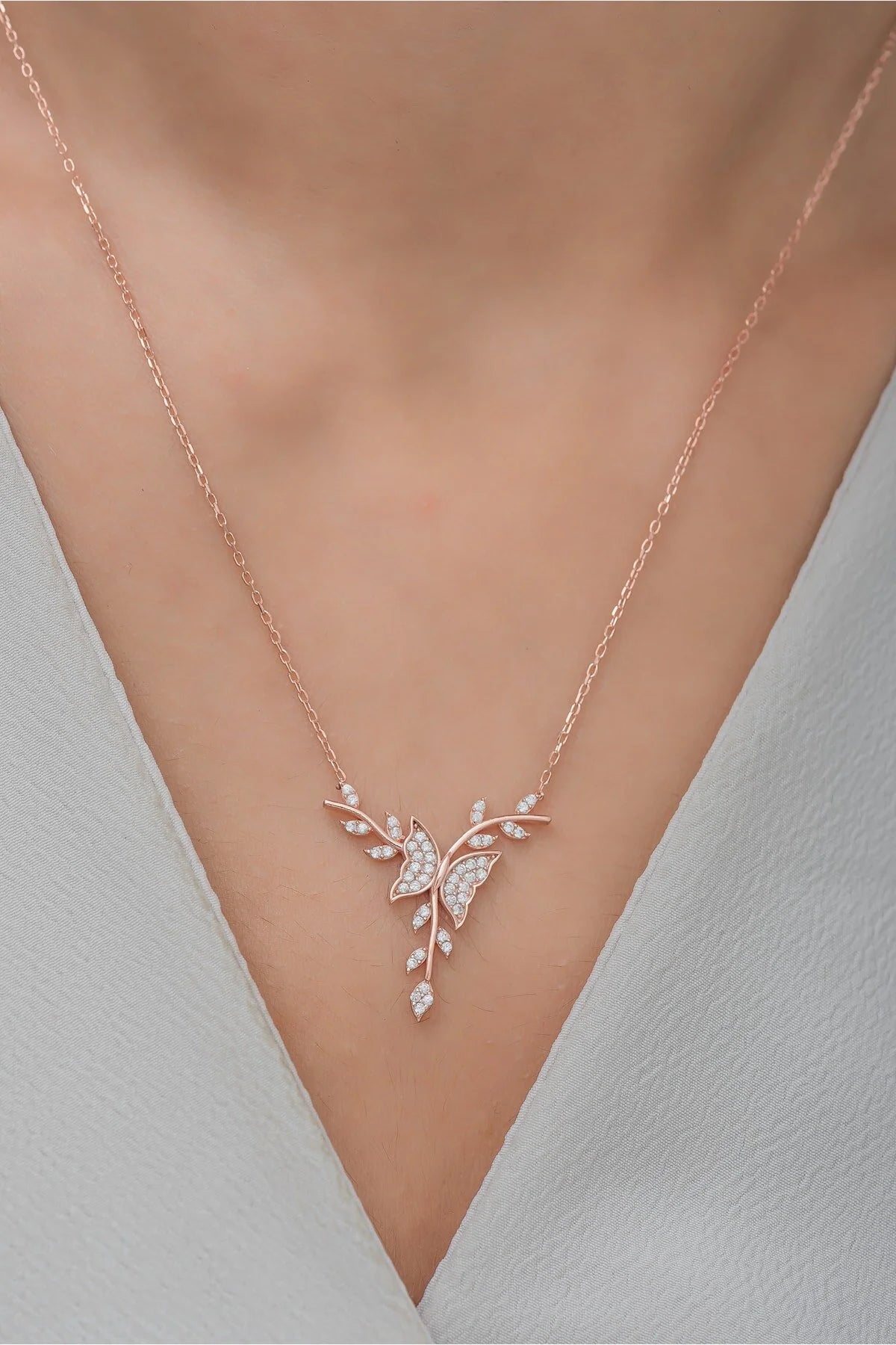 925 Sterling Silver Rosegold Butterfly on a Branch Necklace