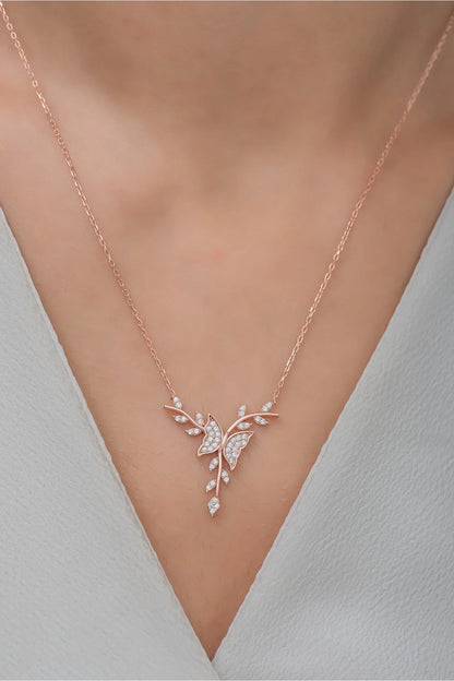 925 Sterling Silver Rosegold Butterfly on a Branch Necklace