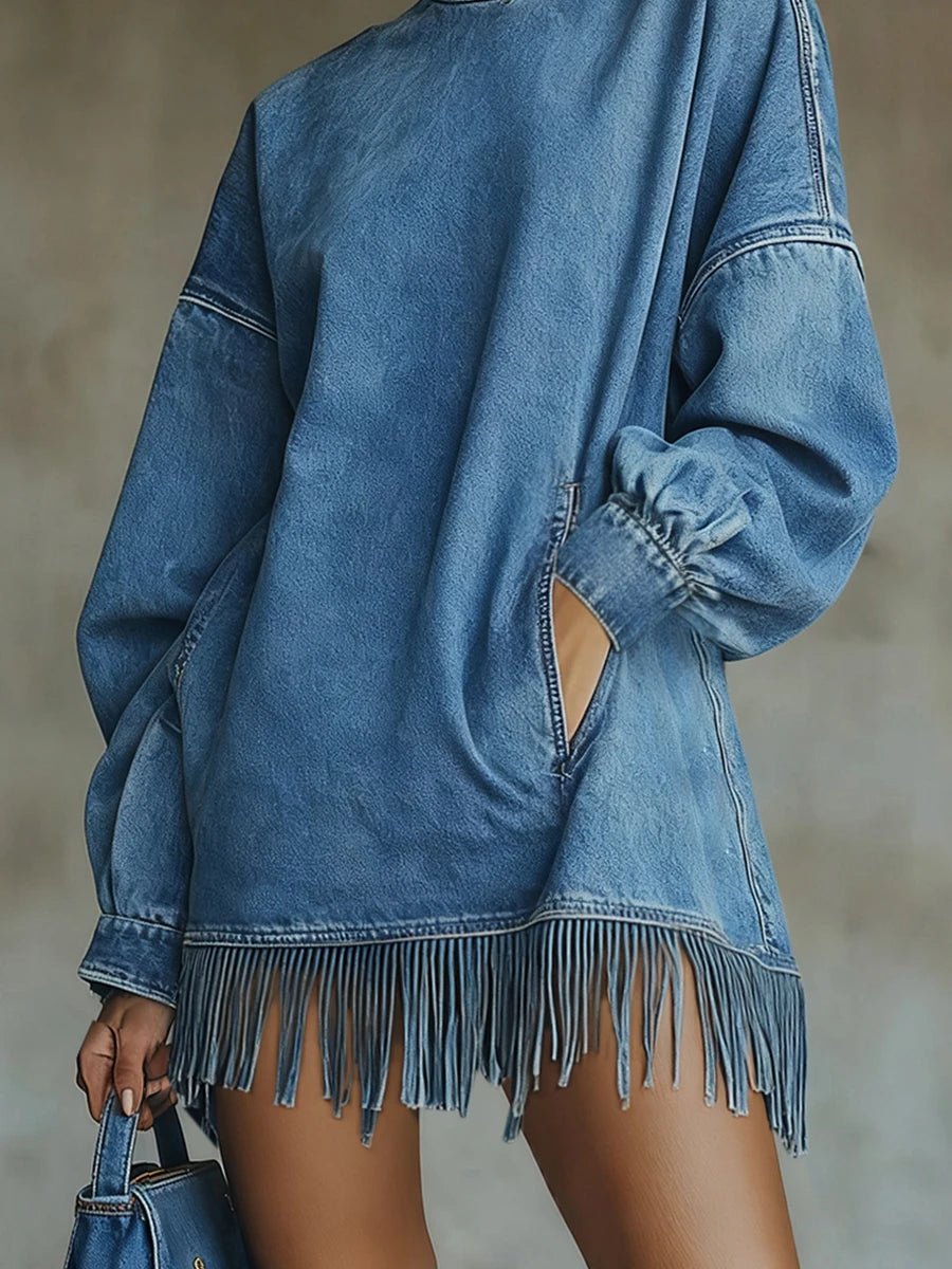 High Neck Denim Tassel Women Mini Dress - Denoss