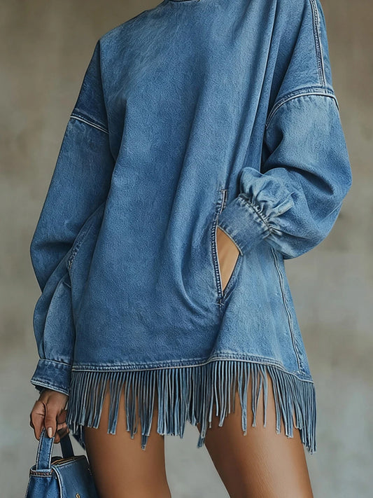 High Neck Denim Tassel Women Mini Dress - Denoss