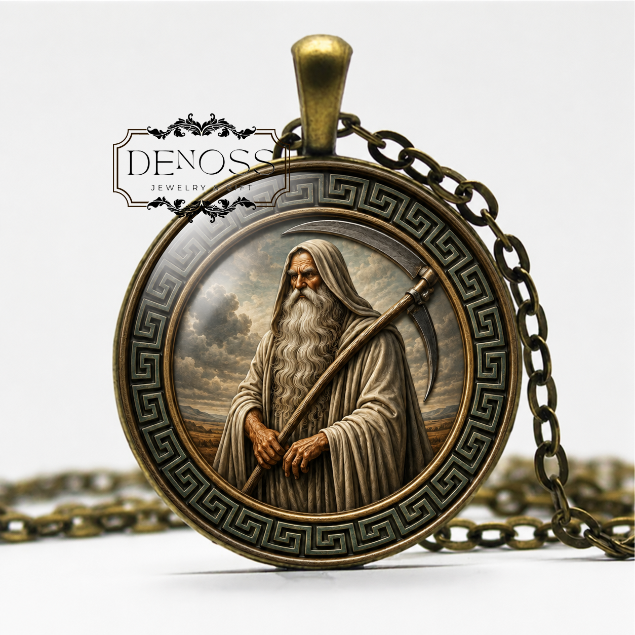 CRONUS Necklace,Greek,Mythology Leader of the Titans,Harpe,Sickle,Scythe,Art Glass Pendant Necklace