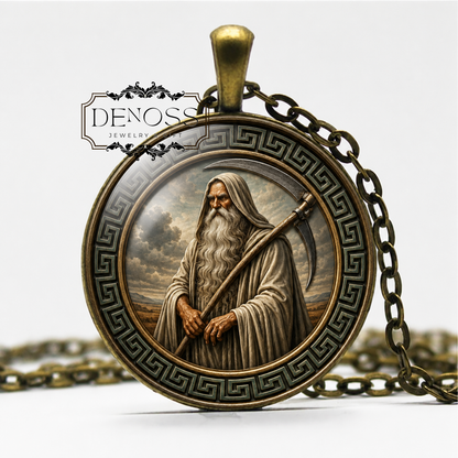 CRONUS Necklace,Greek,Mythology Leader of the Titans,Harpe,Sickle,Scythe,Art Glass Pendant Necklace