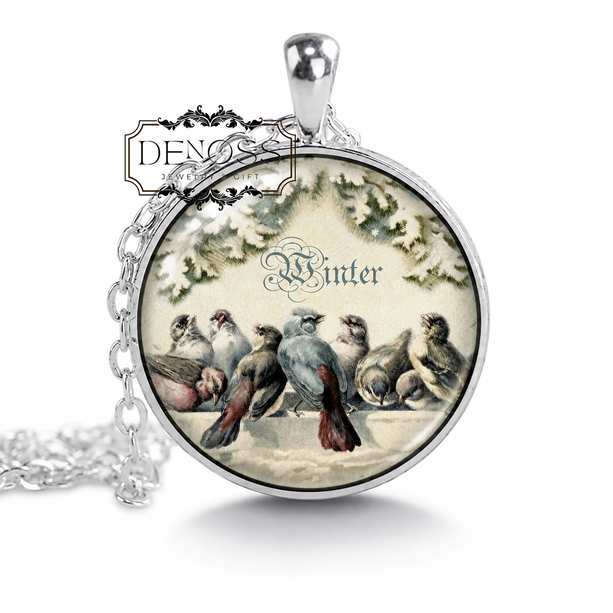 Winter Birds Pendant Necklace,Vintage Style Forest Wildlife Jewelry