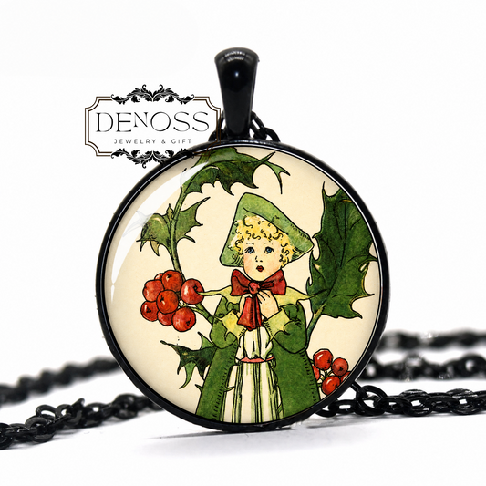 Birth Flower Necklace,Holly Birth Month Jewelry,Edwardian Birthflower Art,Garden Fairy Pendant,December Whimsical Birthday Gift for Women