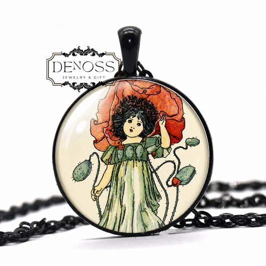 Birth Flower Necklace,Poppy Birth Month Jewelry,Child Edwardian Era DressBirthflower Art,Garden Fairy Pendant August Birthday Gift for Her