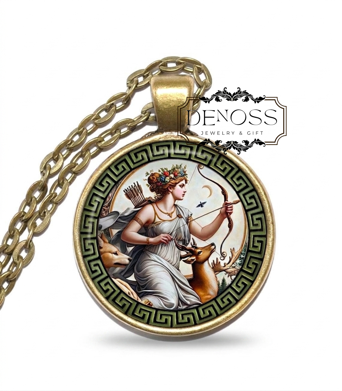 DIANA Necklace,Goddess of the Hunt,Goddess of Domestic Animals,Goddess of Wilderness,Goddess of the Moon,Roman,Glass Pendant