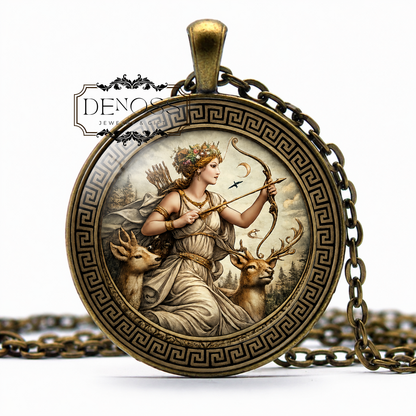 DIANA Necklace,Goddess of the Hunt,Goddess of Domestic Animals,Goddess of Wilderness,Goddess of the Moon,Roman,Glass Pendant