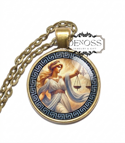 DIKE Necklace,Goddess of Justice,Goddess of Fair Judgement,Goddess of Rights established by Custom and Law,Greek,Glass Pendant