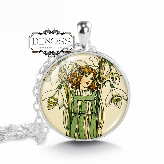 Birth Flower Necklace,Snowdrop Birth Month Jewelry,Edwardian Era,Birthflower Art Garde,Fairy Pendant January Birthday Gift for Her