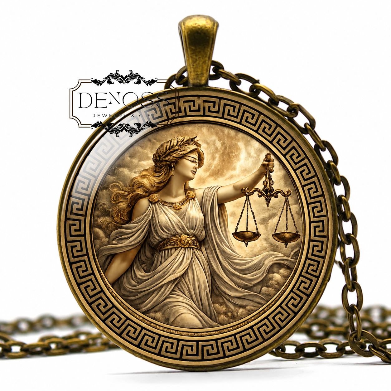 DIKE Necklace,Goddess of Justice,Goddess of Fair Judgement,Goddess of Rights established by Custom and Law,Greek,Glass Pendant