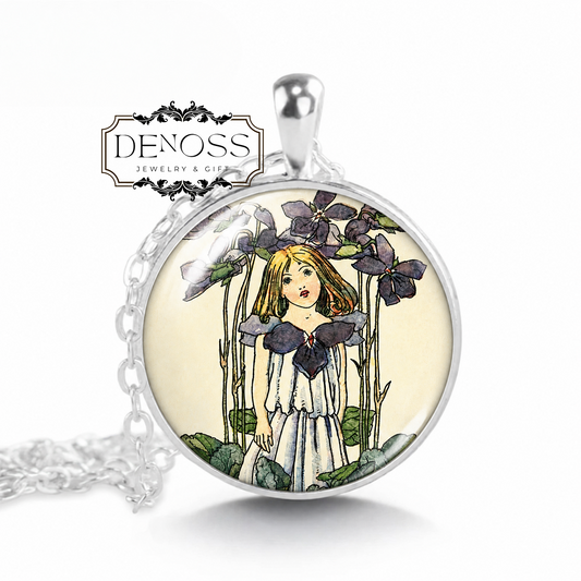 Birth Flower Necklace,Violet Birthflower Jewelry,Edwardian Era Dress,Birth Month Art Garden Fairy Pendant February Birthday Gift for Her