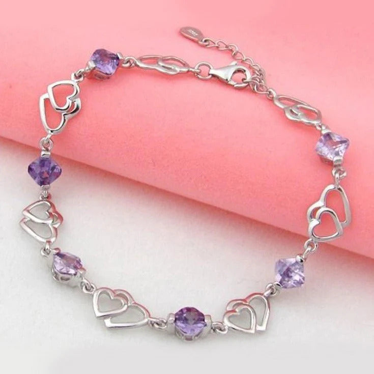 Silver Platinum Purple Zircon Heart Elegant Ladies Bangle Bracelet