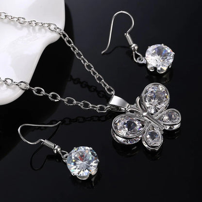 Silver white crystal stone romantic butterfly lady jewelry set