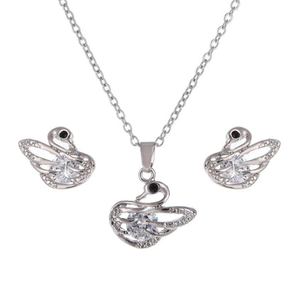 Silver and white crystal stone romantic swan women’s jewelry set