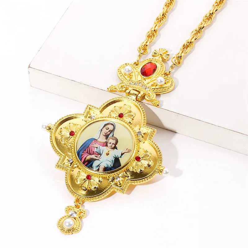 Gold Color Orthodox Necklace,Christian Necklace,Jesus Virgin Mary Religious Necklace