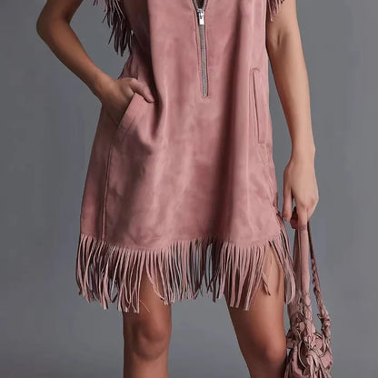 Pink Suede Retro Tassel Sleeveless Dress