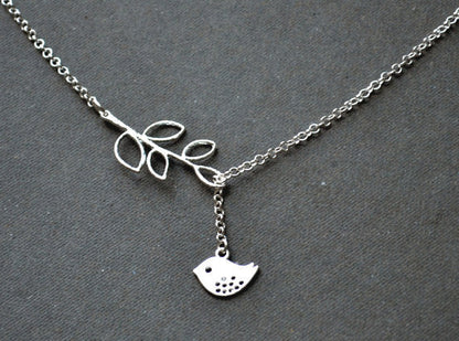 Bird on Leaf Silver Necklace