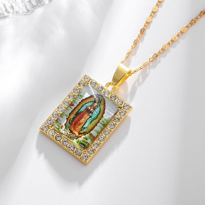 Gold Zircon Virgin Mary Pendant Necklace,Christian Necklace