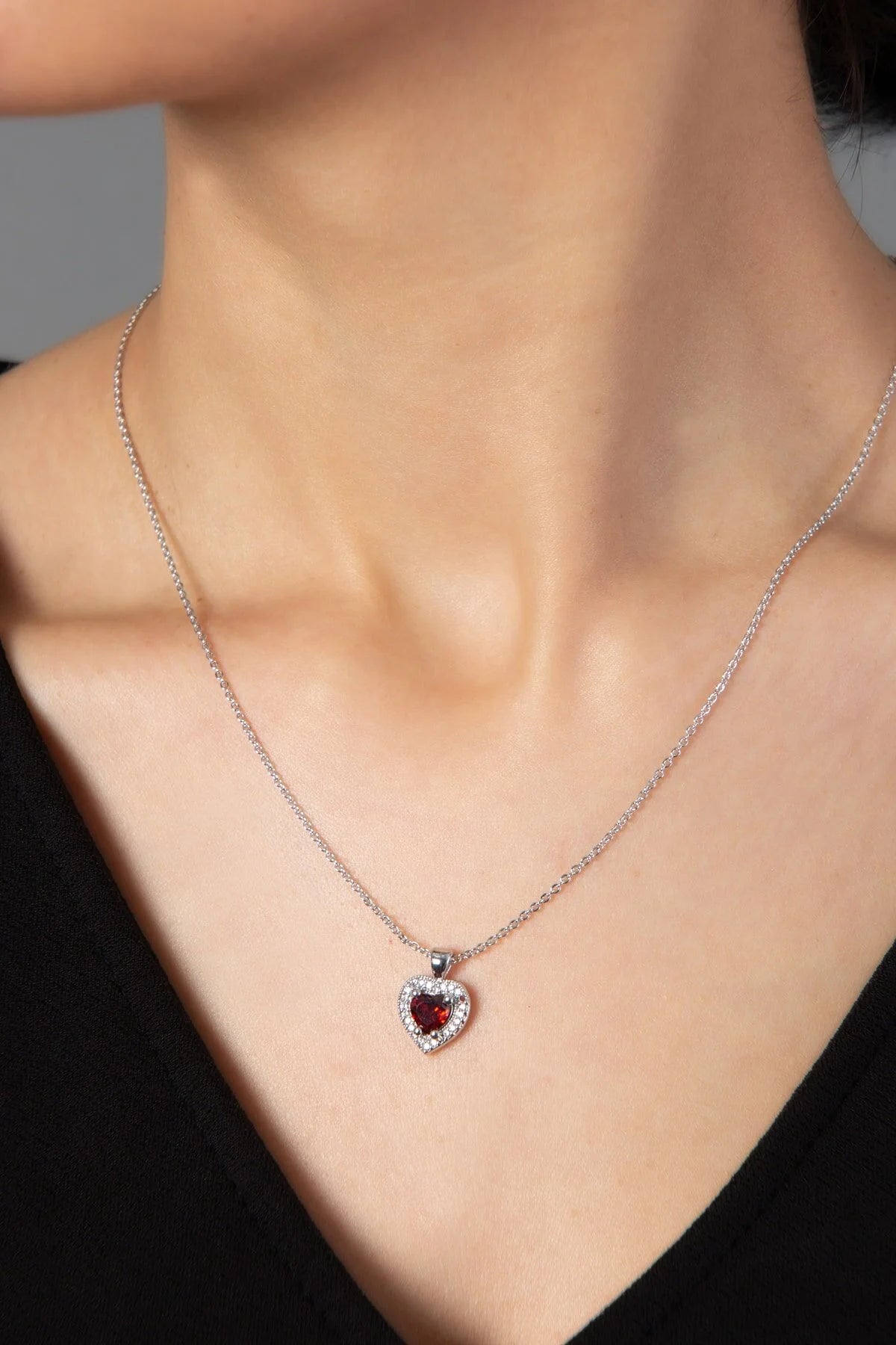 Dainty Red Heart Zircon Silver Necklace