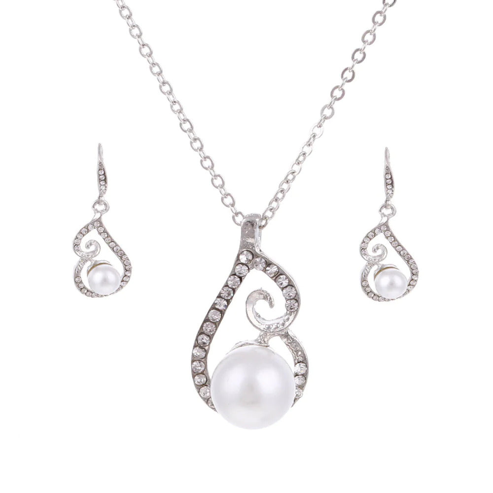 Silver white simulated pearl romantic design womens jewelry set