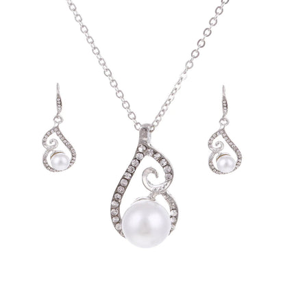 Silver white simulated pearl romantic design womens jewelry set