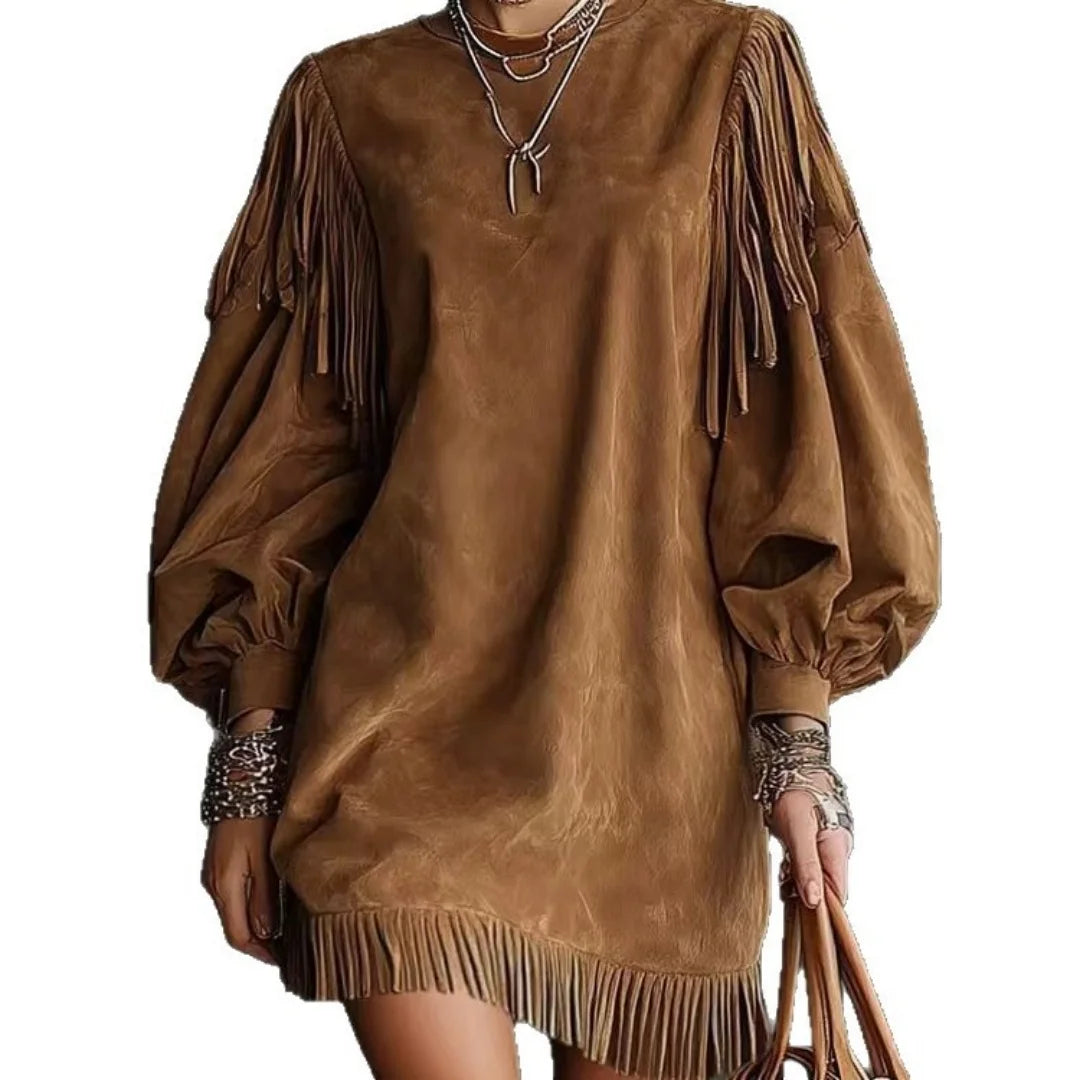 Western Retro Puff Sleeve Tassel Loose Short Dress - Denoss