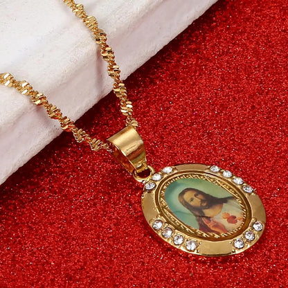 Gold Zircon Jesus Portrait Pendant Necklace,Christian Necklace