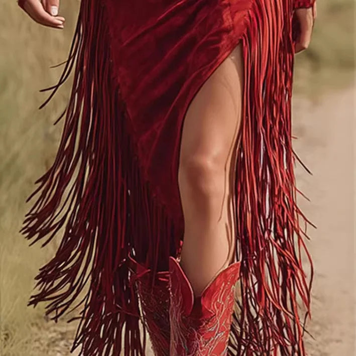 Retro Country Red Suede Long Dress - Denoss