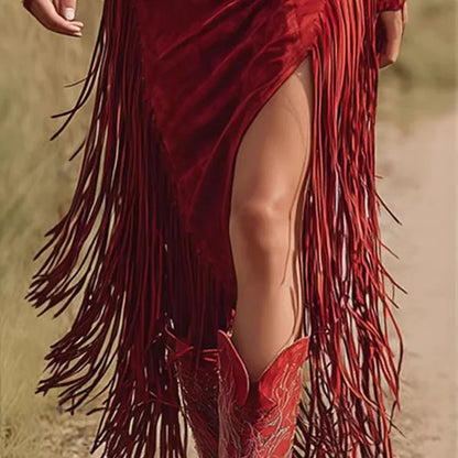 Retro Country Red Suede Long Dress - Denoss