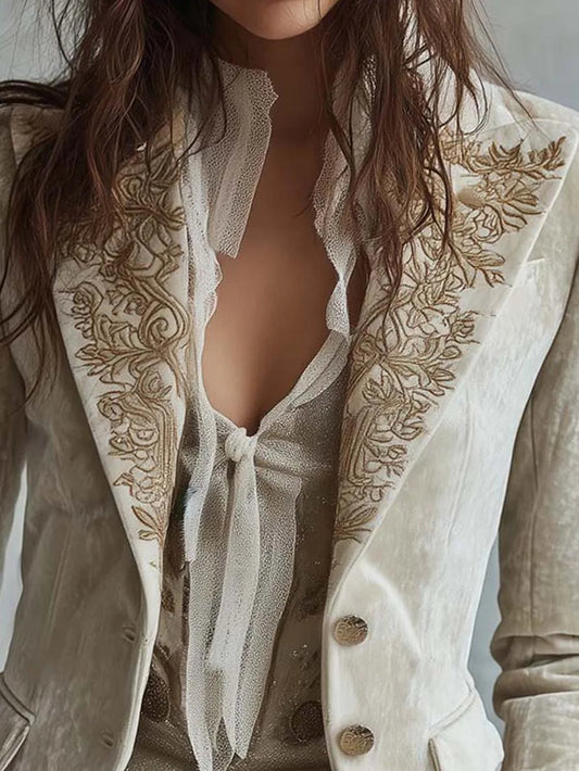Gold Velvet Floral Print Bell Sleeve Jacket