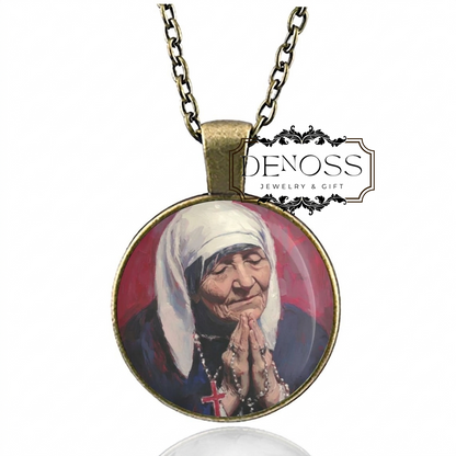 Blessed Mother Teresa Necklace,Oil Painted Style Patron Pendant,Religious Christian Jewelry
