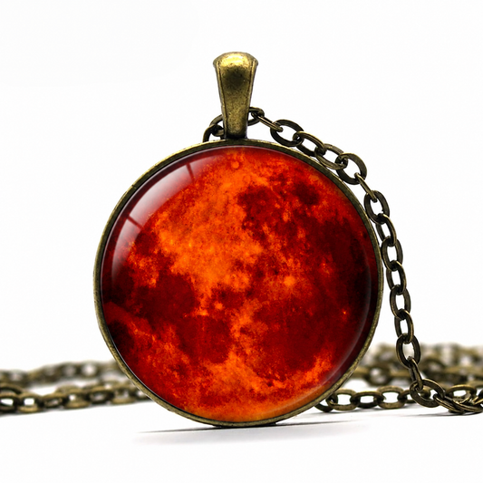 Red Moon Galaxy Pendant Necklace,Handmade Cabochon Jewelry