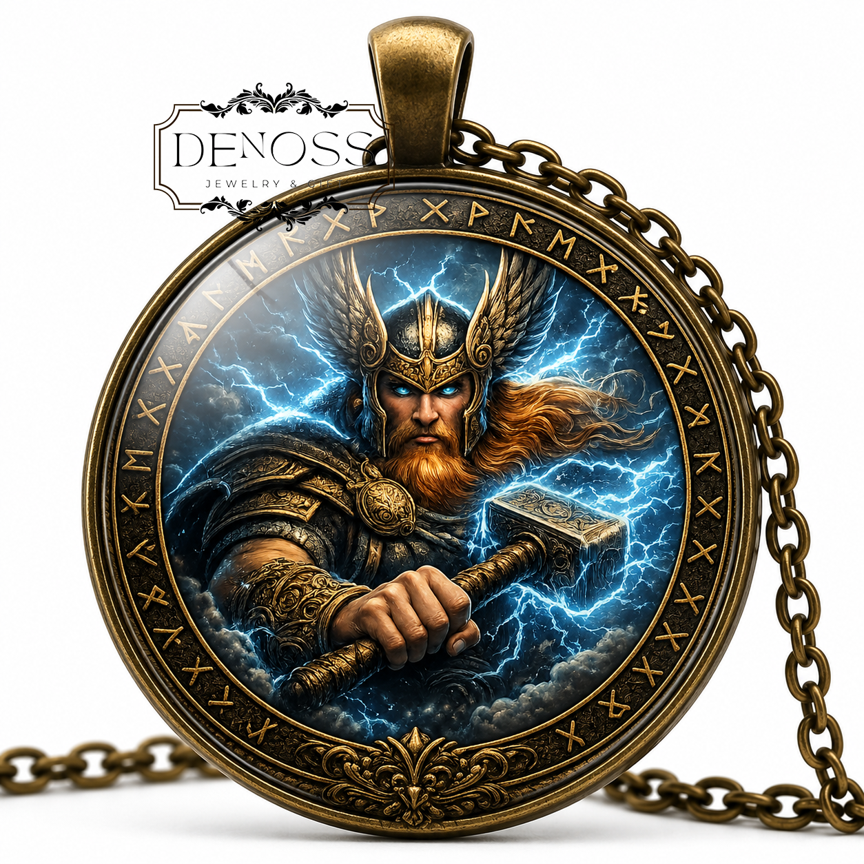 Norse Thor Pendant Necklace,Rune Circle Viking God Jewelry Thunder Mjölnir Amulet Necklace