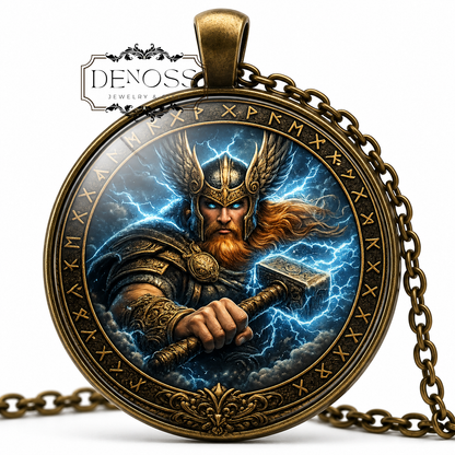 Norse Thor Pendant Necklace,Rune Circle Viking God Jewelry Thunder Mjölnir Amulet Necklace